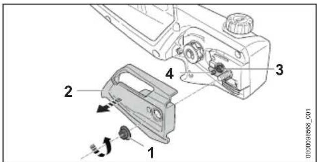 Technical diagram of a mechanical device with numbered components and directional arrows indicating assembly or movement.