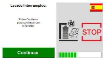 Lavado interrumpido. Pulse Continuar para continuar con el lavado. Continuar STOP