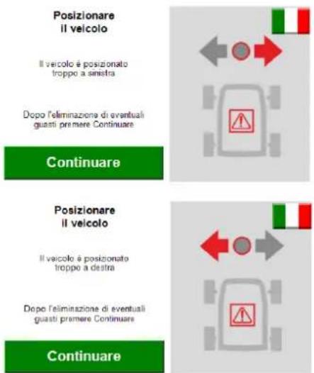 Posizionare Il veicolo Il veicolo è posizionato troppo a simistra Dopo l'eliminazione di eventuali guasti premere Continuare Continuare Posizionare Il veicolo Il veicolo è posizionato troppo a destra Dopo l'eliminazione di eventuali guasti premere Continuare Continuare