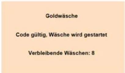 Goldwäsche Code gültig, Wäsche wird gestartet Verbleibende Wäschen: 8