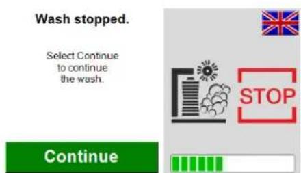 Wash stopped. Select Continue to continue the wash. Continue STOP