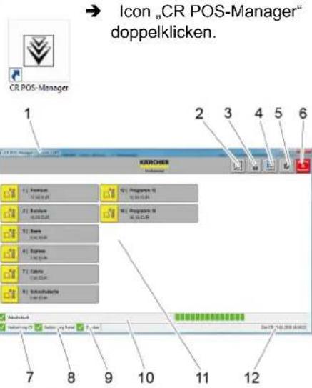 CR POS-Manager 1 2 3 4 5 6 KIRCHER 1. Promount 17:00:00:00 2. Backout 16:00:00:00 3. Bank 19:00:00:00 4. Express 17:00:00:00 5. Fabine 18:00:00:00 6. Umschückschutz 18:00:00:00 7 8 9 10 11 12