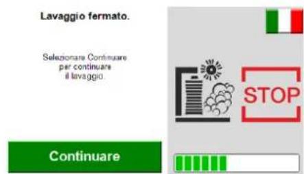 Lavaggio fermato. Selezionare Continuare per continuare il lavaggio. Continuare STOP