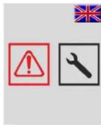 Warning symbols including an exclamation mark, a wrench, and a UK flag, likely indicating occupational hazard or hazard.