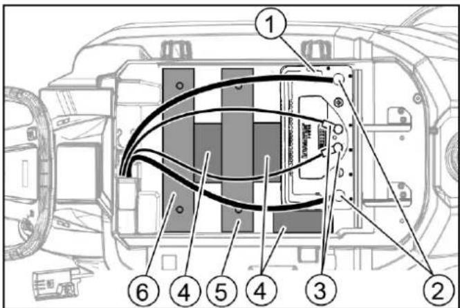 Technical diagram of a vehicle rear panel with numbered components and cable routing annotations