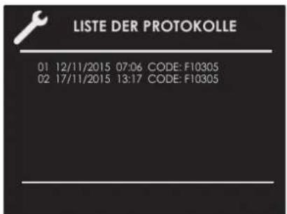 LISTE DER PROTOKOLLE 01 12/11/2015 07:06 CODE: F10305 02 17/11/2015 13:17 CODE: F10305