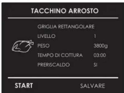 TACCHINO ARROSTO GRIGLIA RETTANGOLARE LIVELLO 1 PESO 3800g TEMPO DI COTTURA 03:00 PRERISCALDO SI START SALVARE