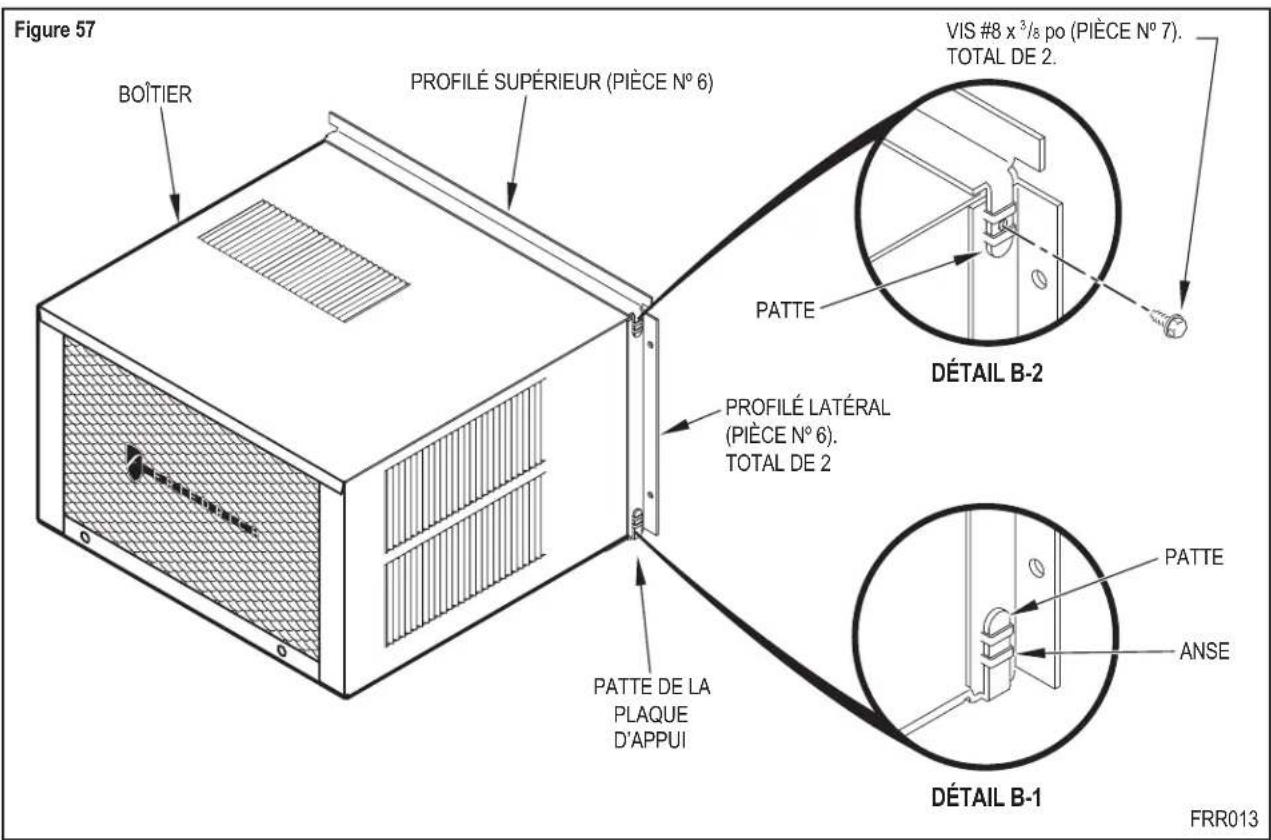 Figure 57 BOÎTIER PROFILÉ SUPÉRIEUR (PIÈCE N° 6) VIS #8 x 3/8 po (PIÈCE N° 7). TOTAL DE 2. PATTE DÉTAIL B-2 PROFILÉ LATÉRAL (PIÈCE N° 6). TOTAL DE 2 PATTE DE LA PLAQUE D'APPUI PATTE ANSE DÉTAIL B-1 PATTE FRR013