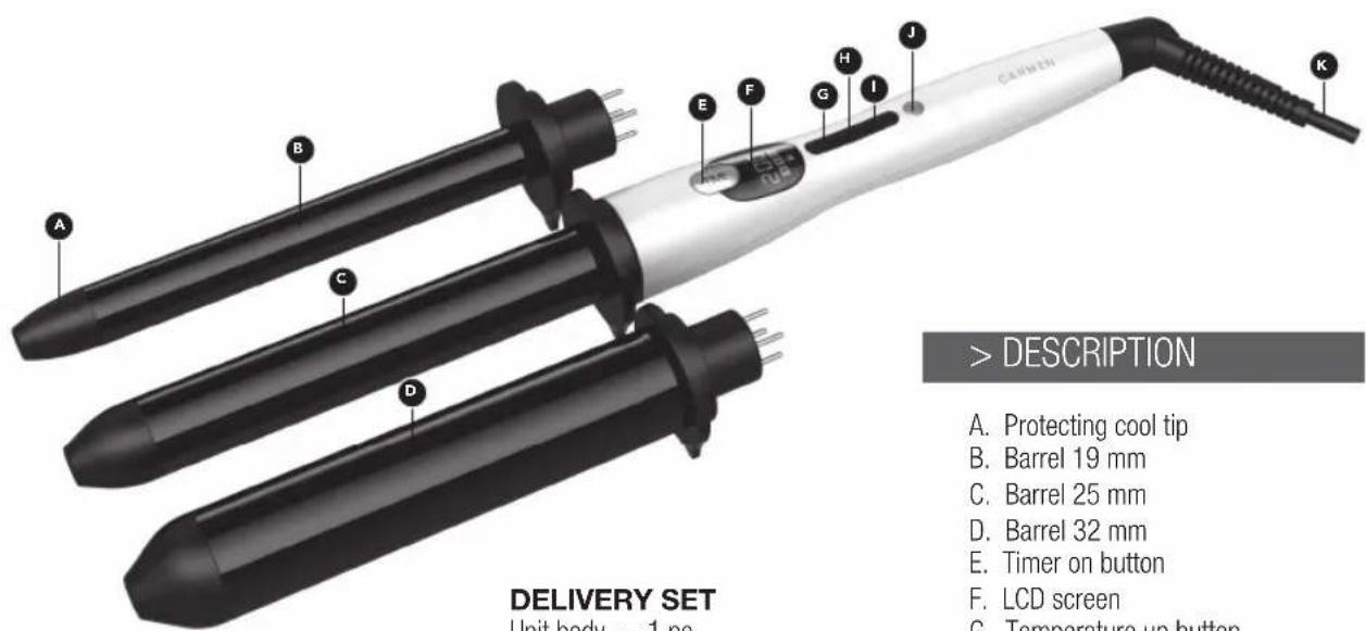 Carmen 3in1 Pro Curler CT6350 - Technical specifications: - 1