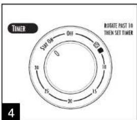 TIMER SUT ON OFF 10 25 20 15 18 ROTATE PAST 10 THEN SET TIMER 4