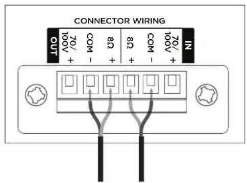 CONNECTOR WIRING OUT 70/ + COM - 8Ω + 8Ω + COM - 70/ + IN