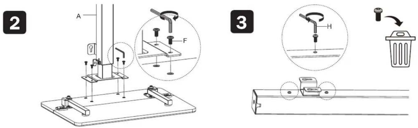 Technical diagram illustrating mechanical assembly steps with labeled components and a recycling bin mechanism