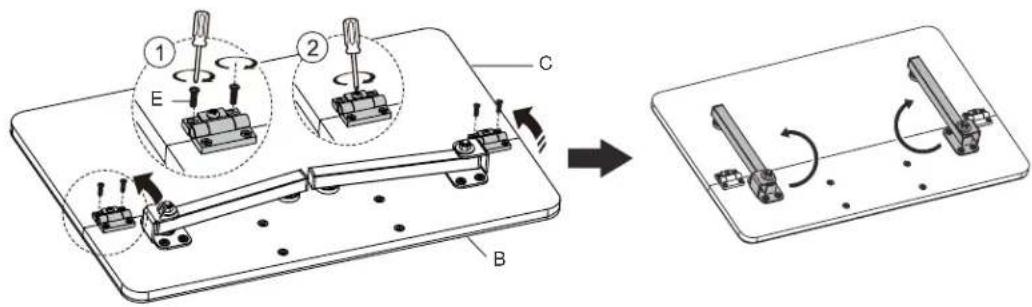 Technical diagram illustrating a mechanical assembly with labeled components and motion indicators, showing before and after states.
