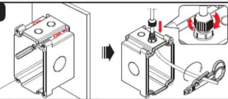 Technical diagram showing assembly of a mechanical component with tool and wiring, including magnified detail view