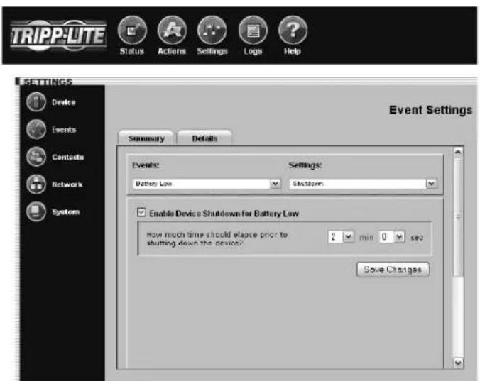 Tripp Lite SNMPWEBSOLOHV - Settings > Events - 2