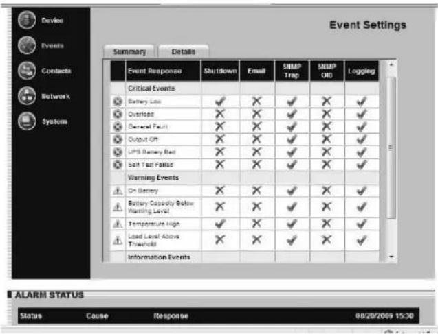 Tripp Lite SNMPWEBSOLOHV - Settings > Events - 1