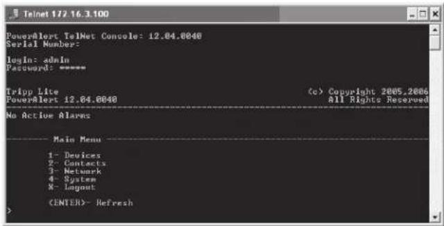 Tripp Lite SNMPWEBSOLOHV - La interfacz de la consola telnet - 1