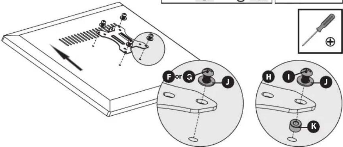 Diagram illustrating a mechanical assembly with labeled components and cross-sectional views of parts F through K.