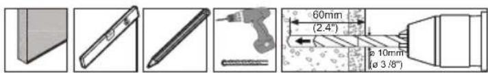 Technical diagram showing five different tool or component arrangements with labeled dimensions and angles
