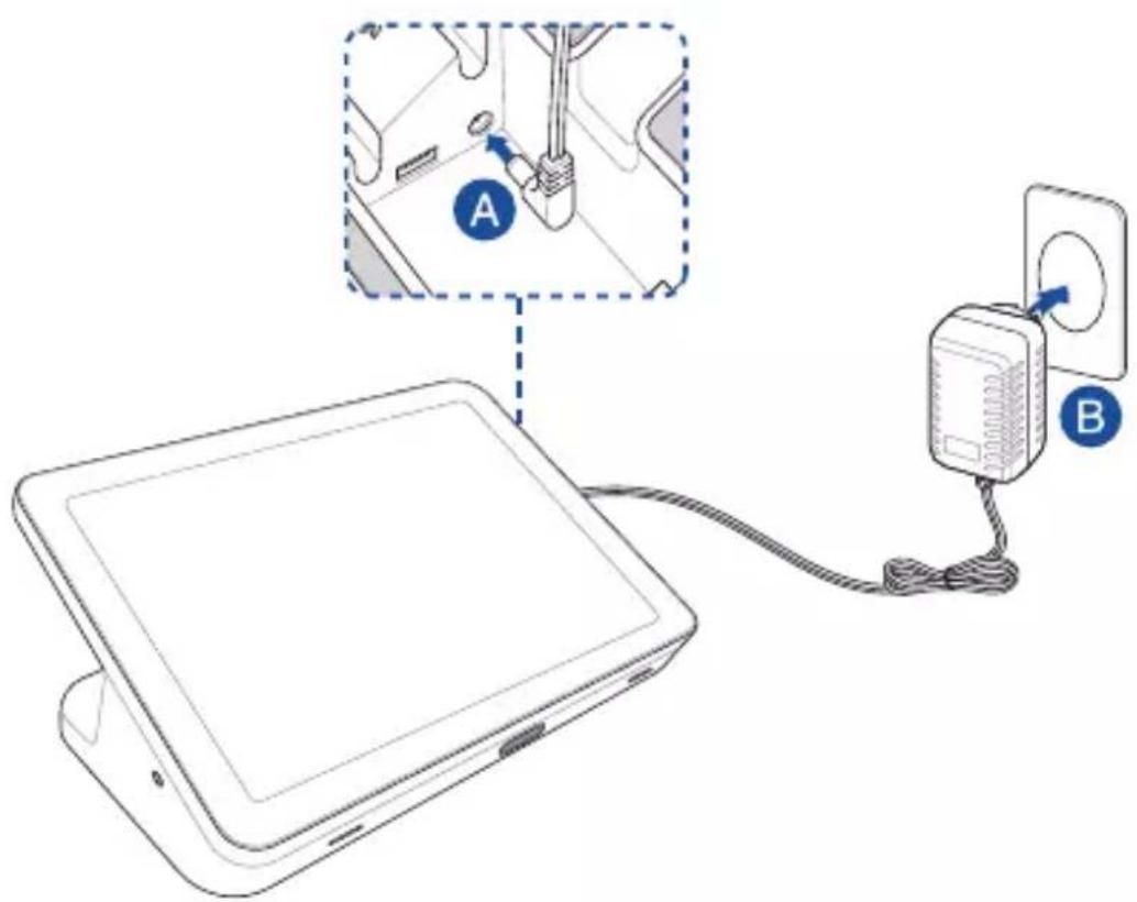 Diagram showing a device connected to an electrical outlet, with labeled components A and B indicating parts of the device.