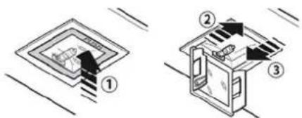 Diagram showing two mechanical or electrical component configurations with numbered parts and directional arrows indicating motion or movement.