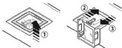 Diagram showing two mechanical or electrical component configurations with numbered parts and directional arrows indicating motion or movement.