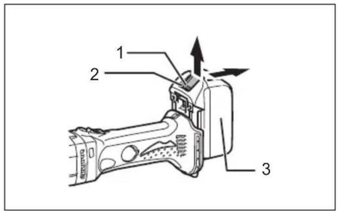 Technical diagram of a firearm with labeled parts and directional arrows indicating movement or force