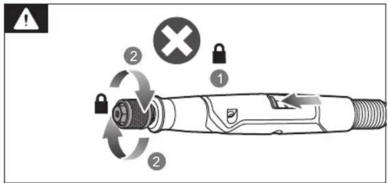 Diagram of a handheld device with labeled parts and warning symbols including a cross, lock, and directional arrows