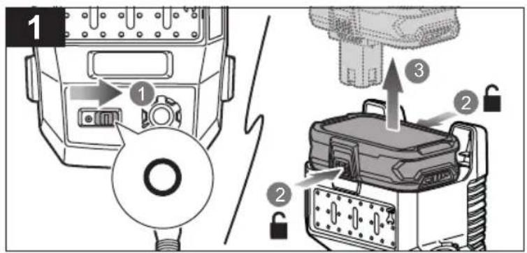 Diagram showing mechanical device components with numbered parts and directional arrows indicating assembly or installation steps.