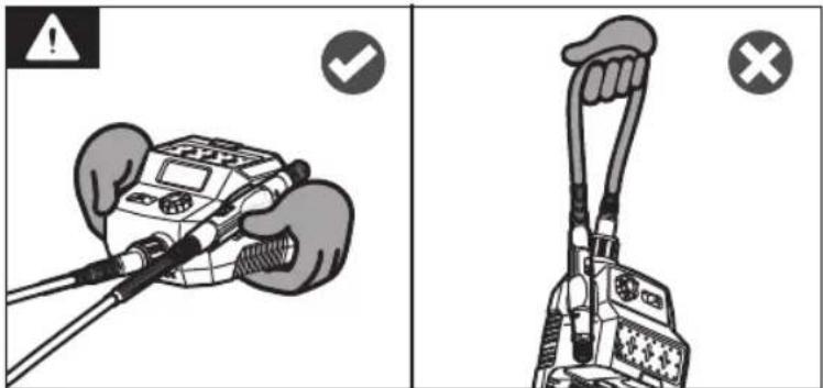 Diagram showing two methods of using a handheld device, one with warning symbol and checkmark, the other with cross symbol.