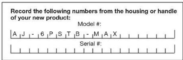 Aqua Joe AJ6PSTBMAX - Model + Serial Numbers - 1