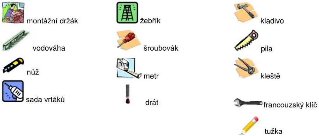 montážní držák žebřík vlodováha šroubovák nůž metr sada vrtáků drát kladivo pila kleště francouzský klíč tužka
