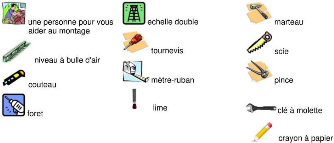 une personne pour vous aider au montage niveau à bulle d'air couteau foret echelle double tournevis mètre-ruban lime marteau scie pince clé à molette crayon à papier