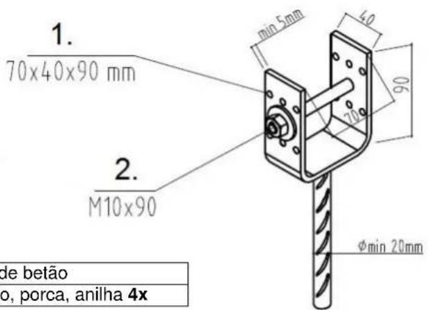 1. 70x40x90 mm 2. M10x90 min 5mm 40 90 20 φmin 20mm de betão o, porca, anilha 4x