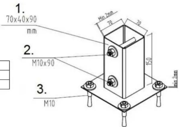 1. 70x40x90 mm 2. M10x90 3. M10 Hin 2mm 70 70 150 min 2mm