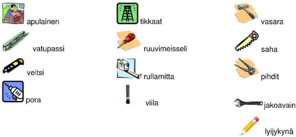 apulainen vatupassi veitsi pora tikkaat ruuvimeisseli rullamitta viila vasara saha pihdit jakoavain lyijykynä