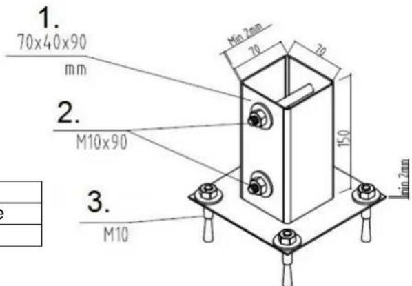 1. 70x40x90 mm 2. M10x90 3. M10 Min 2mm 70 70 150 min 2mm