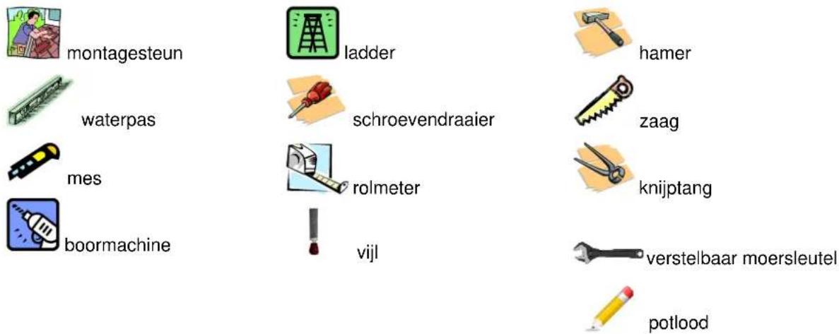 montagesteun waterpas mes boormachine ladder schroevendraaier rolmeter vijl hamer zaag knijptang verstelbaar moersleutel potlood