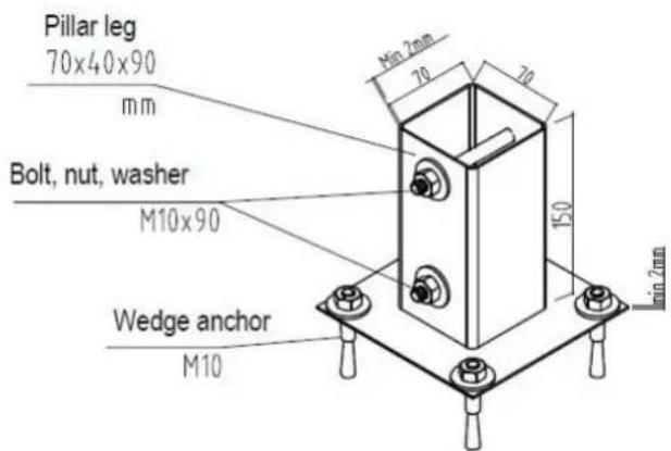 Pillar leg 70x40x90 mm Bolt, nut, washer M10x90 Wedge anchor M10 Min 2mm 70 70 150 min 2mm
