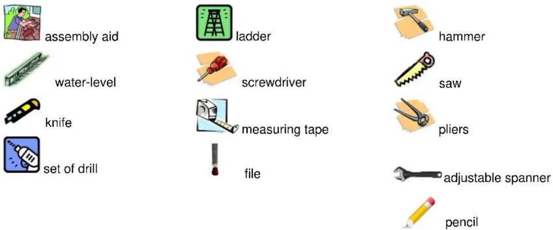 assembly aid water-level knife set of drill ladder screwdriver measuring tape file hammer saw pliers adjustable spanner pencil
