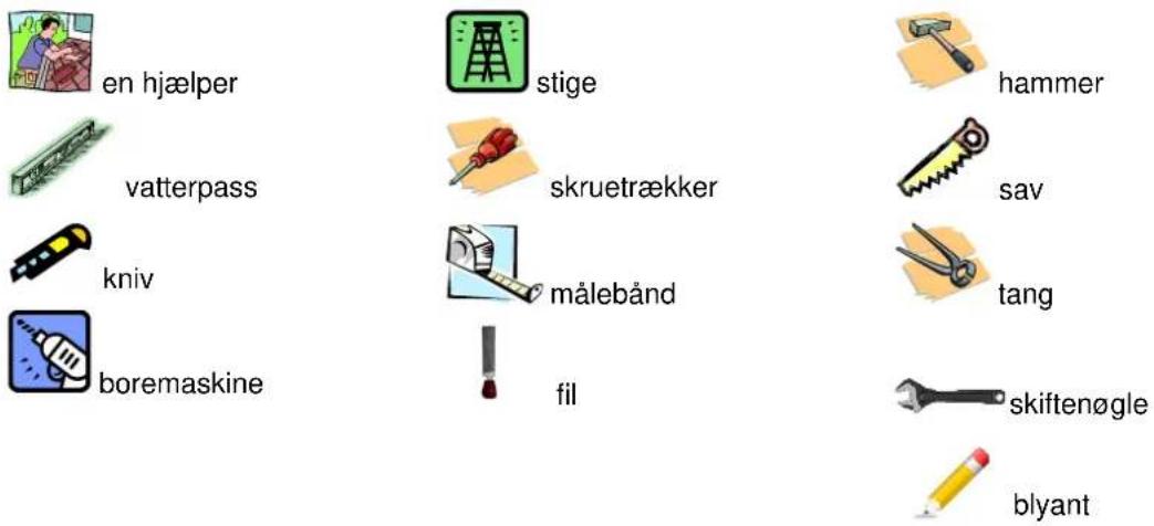 en hjælper vatterpass kniv boremaskine stige skruetrækker målebånd fil hammer sav tang skiftenøgle blyant