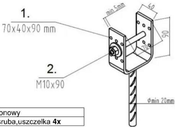 1. 70x40x90 mm 2. M10x90 min 5mm 40 90 20 φmin 20mm onowy ruba,uszczelka 4x