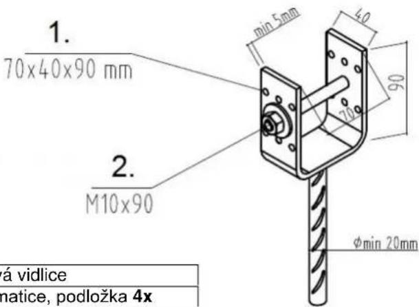 1. 70x40x90 mm 2. M10x90 min 5mm 40 90 20 φmin 20mm á vidlice matice, podložka 4x