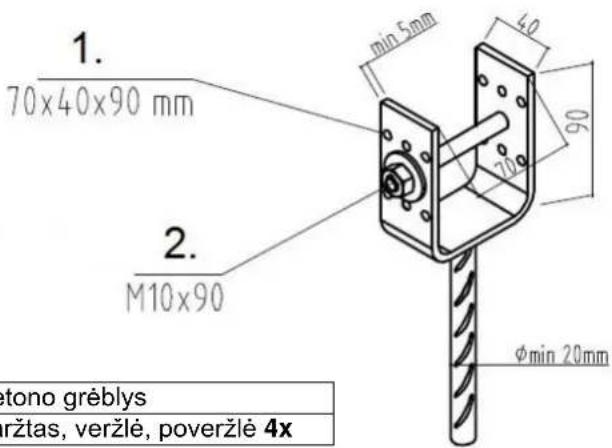 1. 70x40x90 mm 2. M10x90 min 5mm 40 90 70° φmin 20mm etono gréblys aržtas, veržlé, poveržlé 4x