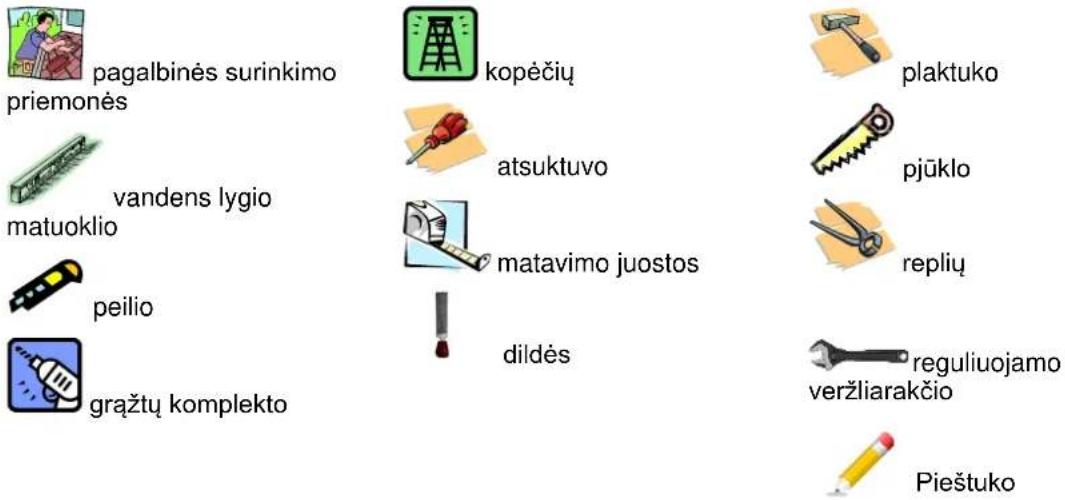 pagalbinės surinkimo priemonės vandens lygio matuoklio peilio grąžtų komplekto kopėčių atsuktuvo matavimo juostos dildės plaktuko pjūklo replių reguliuojamo veržliarakčio Pieštuko