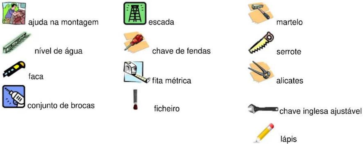 ajuda na montagem nível de água faca conjunto de brocas escada chave de fendas fita métrica ficheiro martelo serrote alicates chave inglesa ajustável lápis