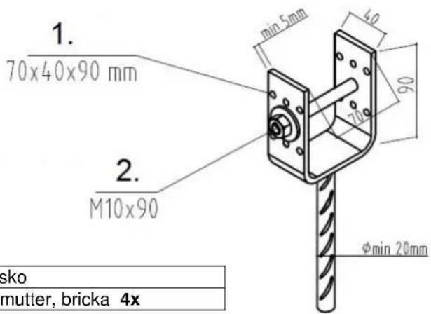 1. 70x40x90 mm 2. M10x90 min 5mm 40 20 φmin 20mm sko mutter, bricka 4x