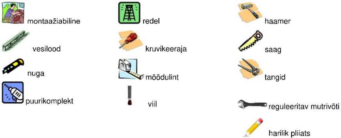 montaažiabiline redel haamer vesilood kruvikeeraja saag nuga mõõdulint tangid puurikomplekt viil reguleeritav mutrivõti harilik pliiats