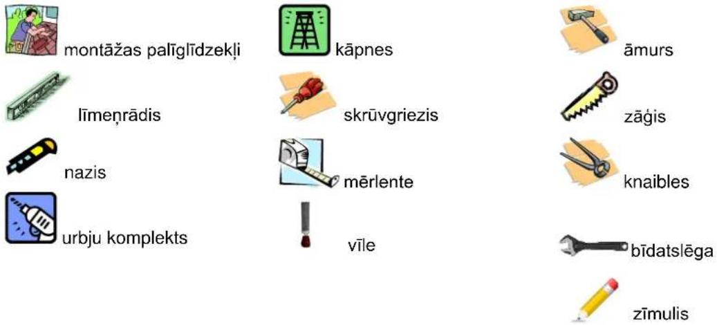 montāžas palīglīdzekļi kāpnes āmurs līmeņrādis skrūvgriezis zāgis nazis mērlente knaibles urbju komplekts vīle bīdatslēga zīmulis