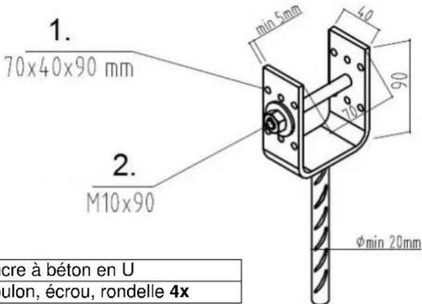 1. 70x40x90 mm 2. M10x90 min 5mm 40 90 20 φmin 20mm cre à béton en U ulon, écrou, rondelle 4x
